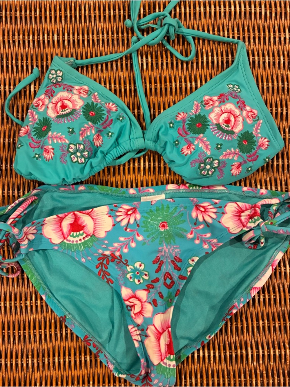 Xhilaration Teal embroidered Floral Trim Bikini